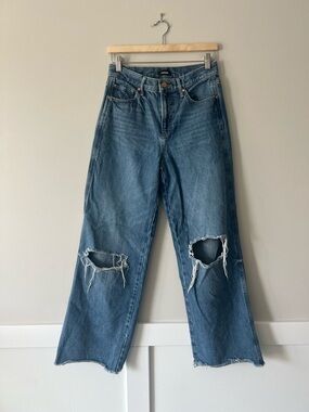 Express High Rise Wide Leg Jeans Distressed Knee Raw Hem Blue Denim 4R